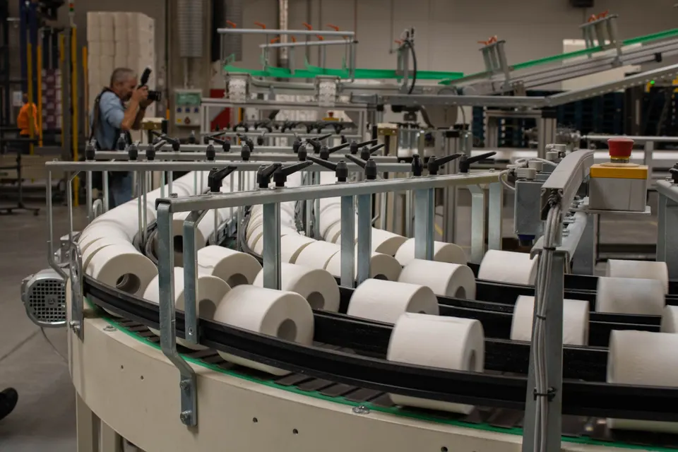 Rolls of paper on a conveyor in a paper production line